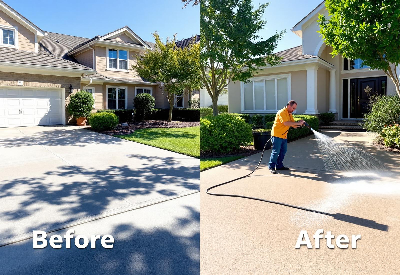 Pressure washing before and after on a residential driveway